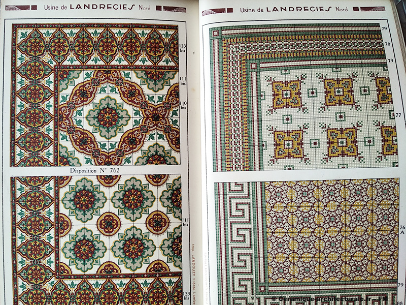Page du catalogue de la Compagnie française de mosaïque céramique de Maubeuge (59) usine de Landrecies s.d. Carreaux à dessins