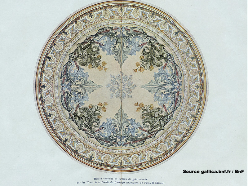 Rosace présentée à l’Exposition universelle de 1900 à Paris par la Société des carrelages céramiques de Paray-le-Monial, dans la « Revue des arts décoratifs » 1901