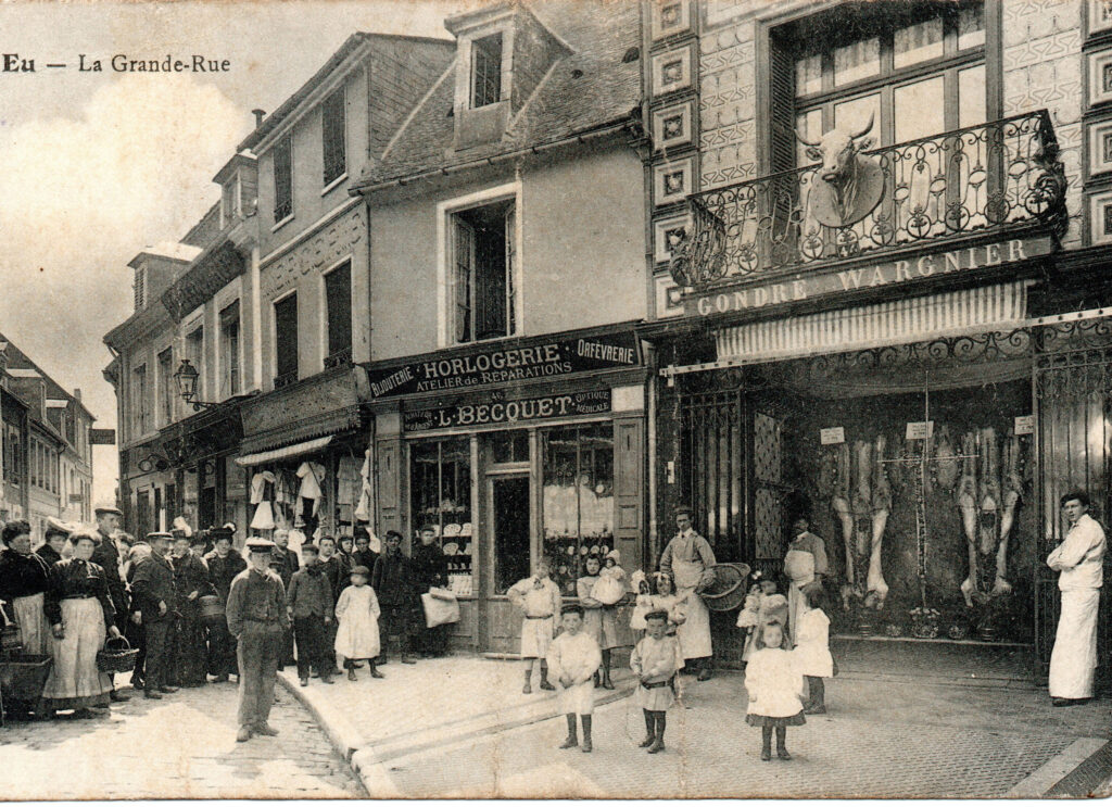 La boucherie Gondré Wargnier, carte postale vers 1906